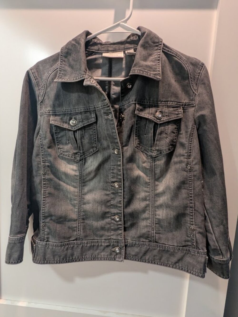 Chico's Embellished Denim Jacket Size 1 (8/10) | Jeweled Buttons | Charcoal